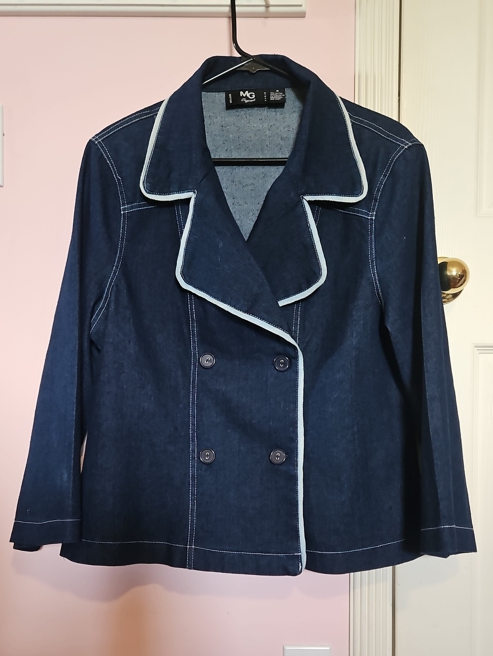 Dark Blue Double-Breasted Denim Jacket with Light Trim